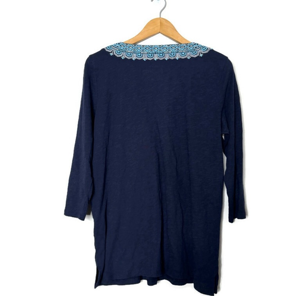 Talbots Navy Embroidered Split Neck 3/4 Sleeve Top Women’s Size Medium - Picture 3 of 9